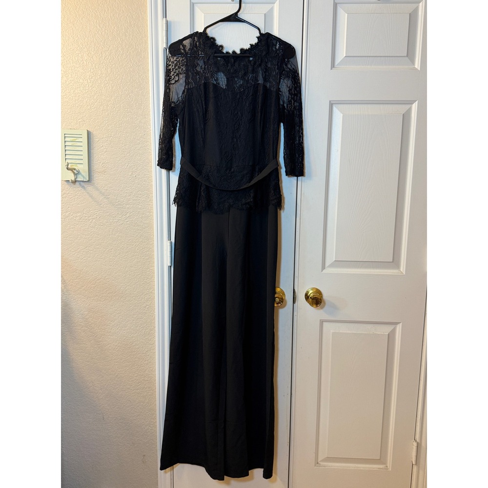 Black Dressy Pantsuit Jumpsuit with Lace Netting 3/4 Sleeve Top Womens Size L